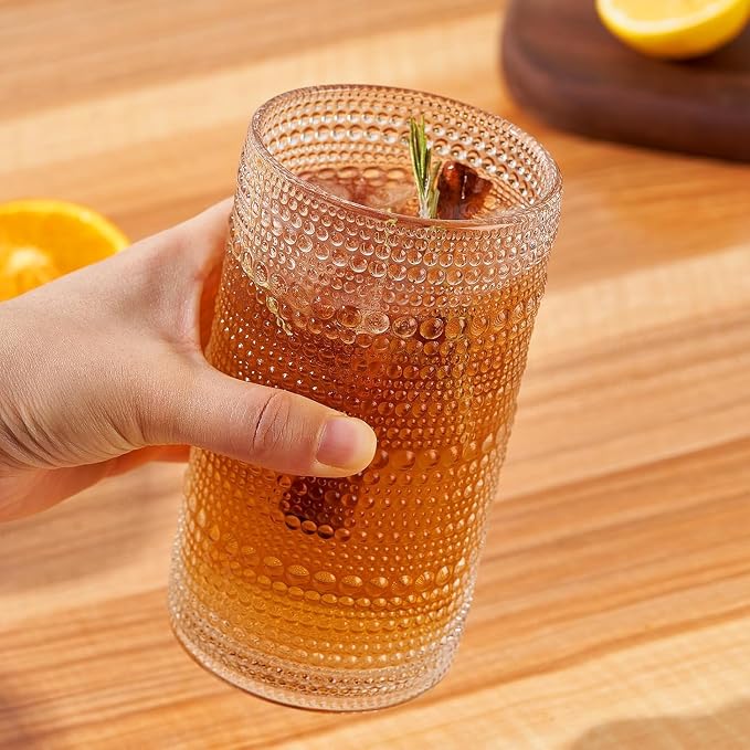 16oz Hobnail Drinking Glasses Set of 6, Vintage Large Capacity Embossed Clear - Image 4