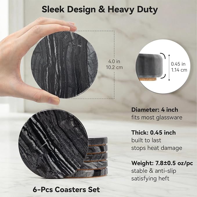 Black Marble Coasters Set of 6, Elegant Black & Dark Gray Coasters - Image 4