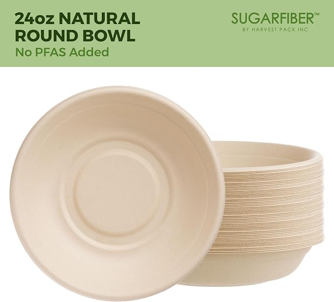 Harvest Pack PFAS FREE 24oz Compostable Bowls, Round Paper Bowls Heavy-Duty - Image 8
