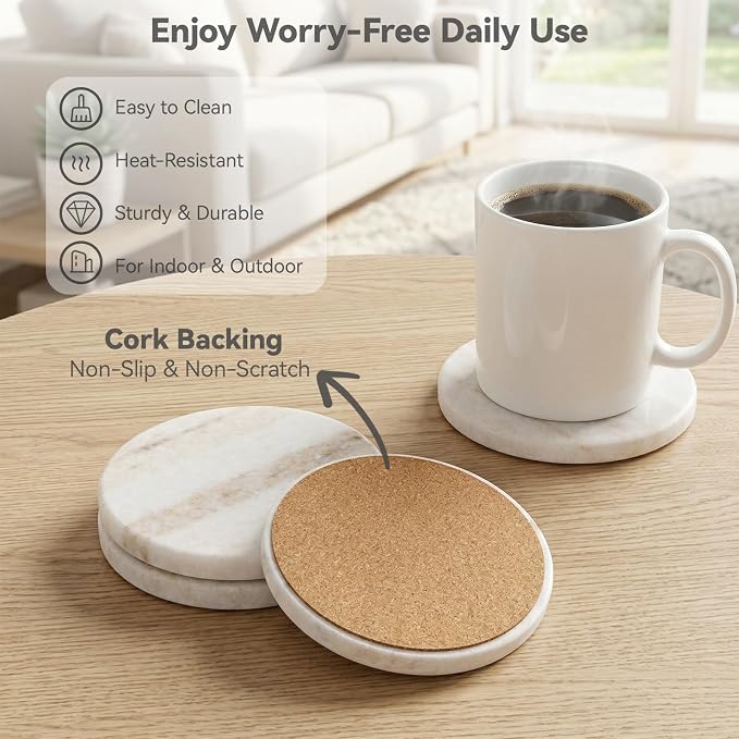 Cream White Marble Coasters Set of 6, Modern Neutral Drink Coaster - Image 5