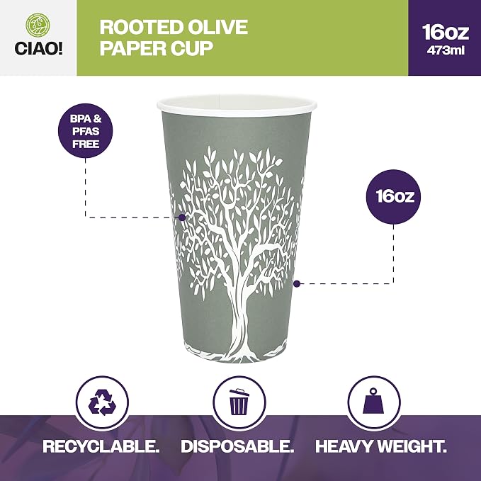 CIAO! 16oz Paper Hot Cup, Rooted Olive Print - Image 2