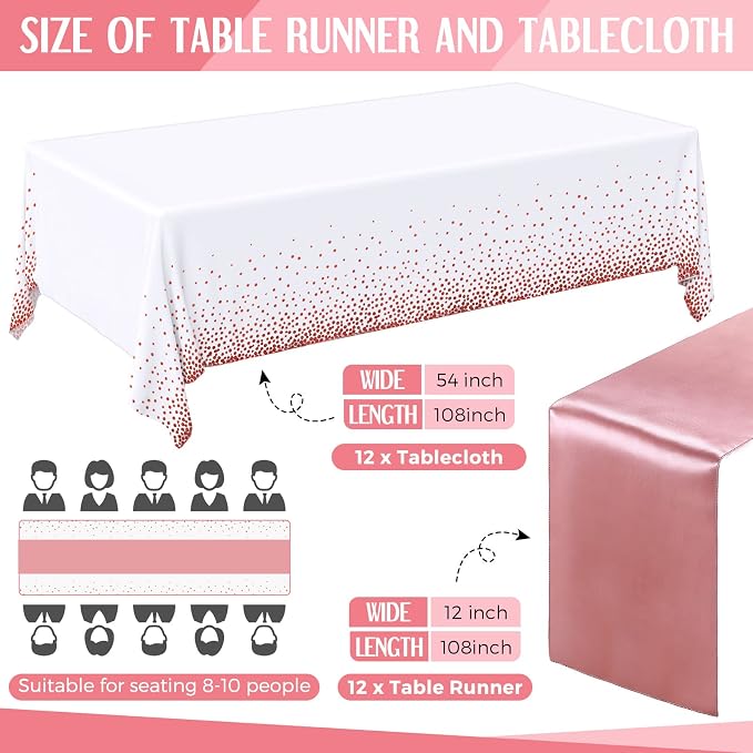 24 Packs Rose Gold and White Disposable Tablecloths and Satin Table Runner Set - Image 2