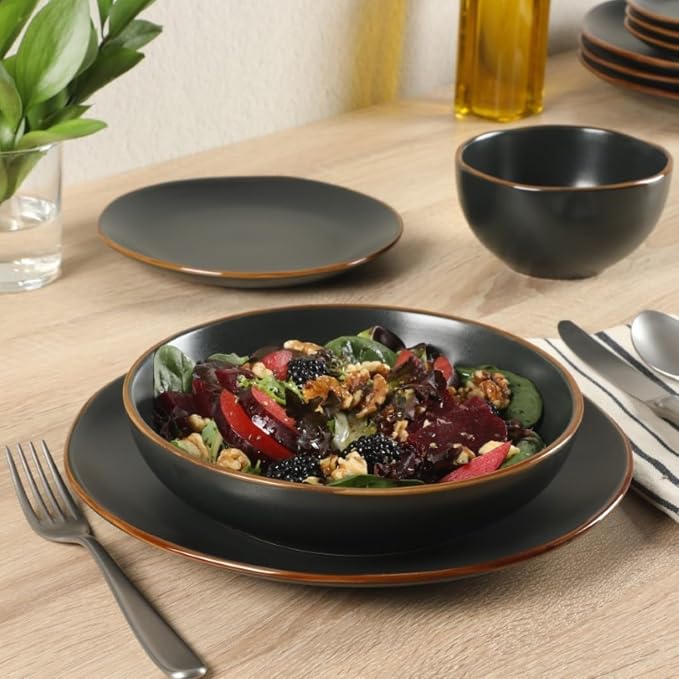 Gibson Home Hazeltine 16-Piece Black Stoneware Dinnerware Set – Plates and Bowls - Image 2