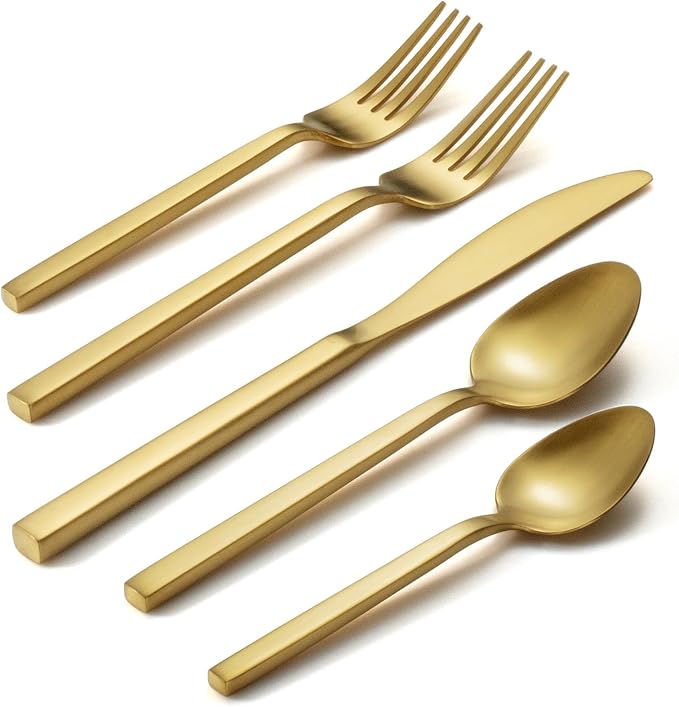 Alata Cube Matte Gold 40-Piece Flatware Set, Forged Cutlery Set, Service by Alata