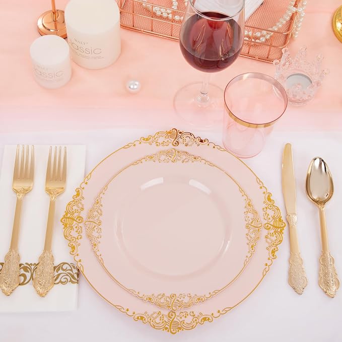 Morejoy 175pcs Pink Plastic Plates - Image 5