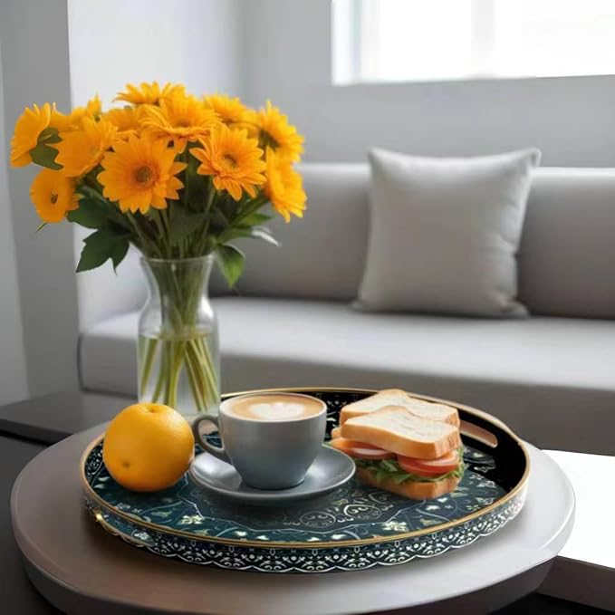 Round Serving Tray with Handles | Plastic Ottoman Tray Coffee Table Tray - Image 3