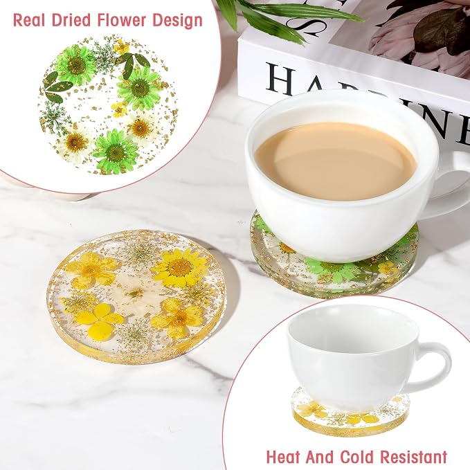 Amabro Dried Flower Drink Coasters, Floral Resin Drink Cup Mat Set of 2 - Image 5