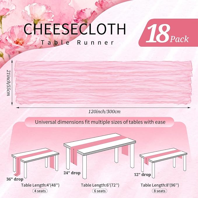 18 Pack Cheesecloth Table Runner 10FT Light Pink Table Runner Boho Gauze Cheese - Image 2