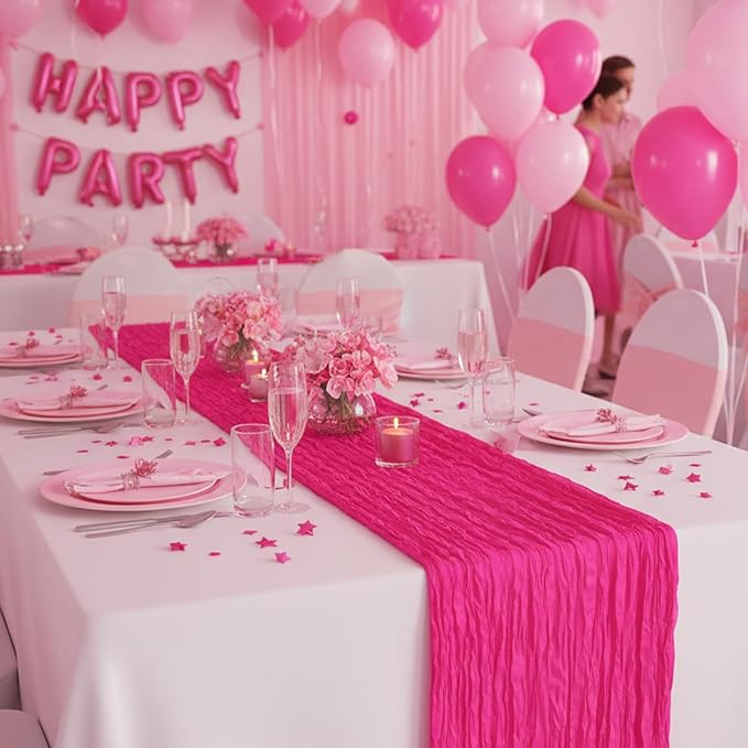 8 Pack Hot Pink Cheesecloth Table Runner 120 Inch Boho Wedding Decor | - Image 8