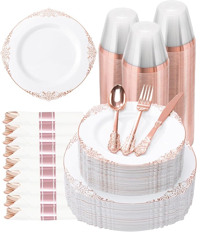 350 Piece Rose Gold Plastic Dinnerware Set by GoodLuck