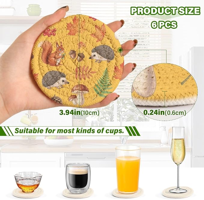 Fall Squirrel Acorn Yellow Pattern Coasters - Image 3