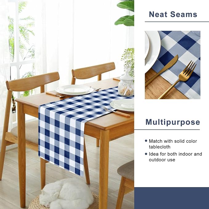 Buffalo Plaid Table Runner Navy Blue and White 14W x 108L, 1 Piece | Waterproof - Image 4
