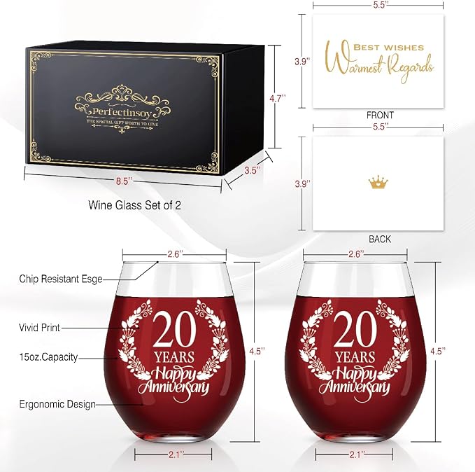 Perfectinsoy 20 Years Happy Anniversary Wine Glass Set of 2, Happy 20th - Image 2