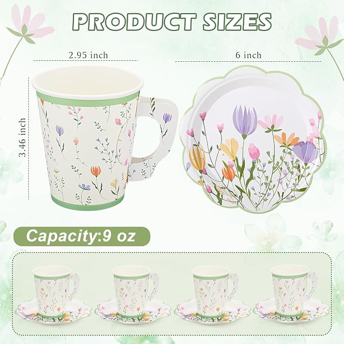 FillTouch 48 Sets Wildflower Floral Paper Tea Cups and Saucers Disposable Paper - Image 2