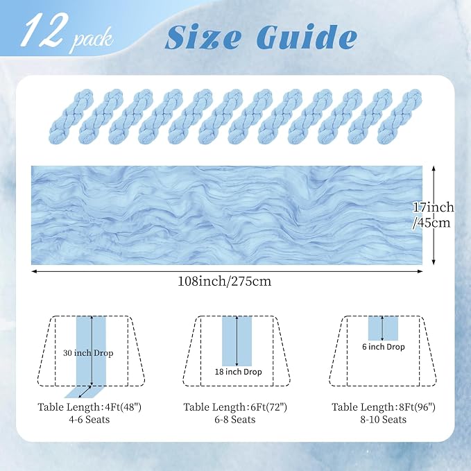 12 Pack Baby Blue Cheesecloth Table Runner 17x108 Inch Semi Sheer Boho Gauze - Image 2