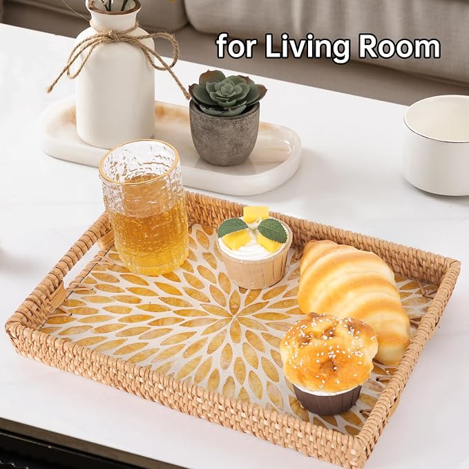 Rectangle Rattan Tray with Mother of Pearl Inlay, Rattan Serving Tray with - Image 5