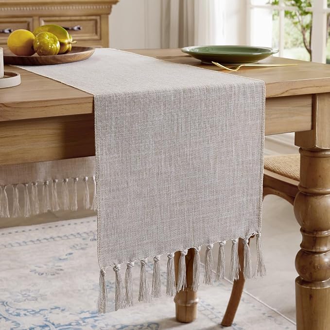 Cotton Linen Table Runner, 13x90 Inch Light Coffee by Aoztio