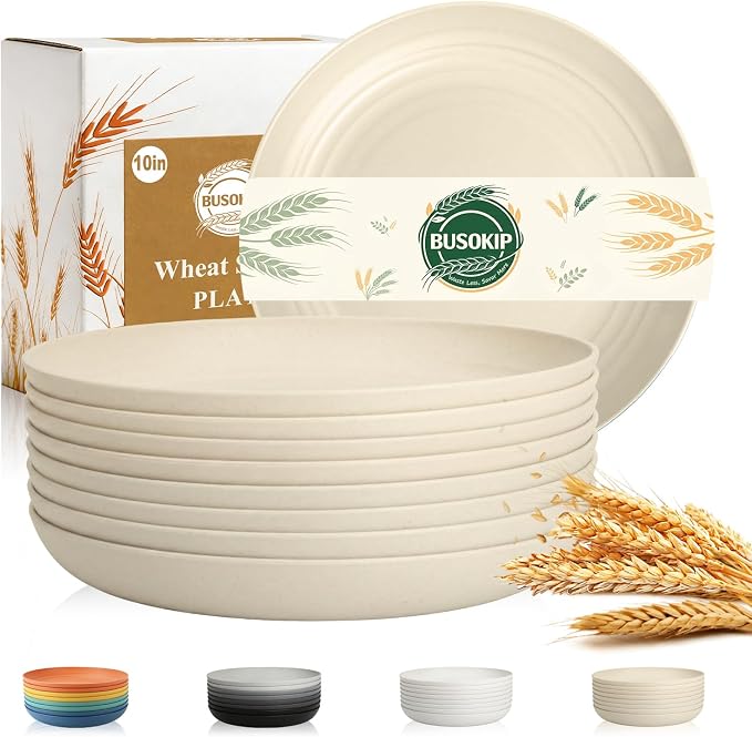 Dinner Plates Set for 8, Wheat Straw Plate 10 Inch, Unbreakable Serving Plates by BUSOKIP