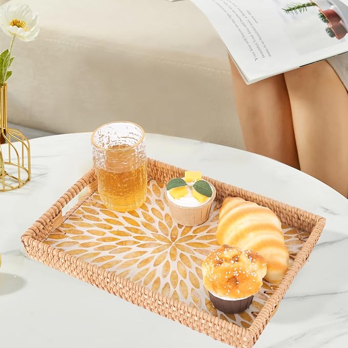 Rectangle Rattan Tray with Mother of Pearl Inlay, Rattan Serving Tray with - Image 8