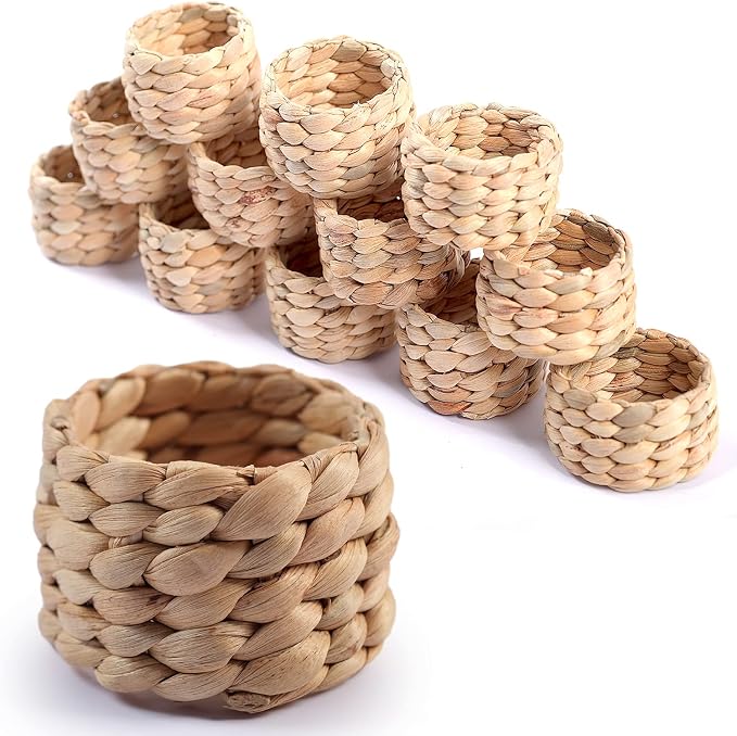 12 Pcs Round Woven Napkin Rings, Water Hyacinth Rattan Napkin Rings Set of 12 by SOKFARM