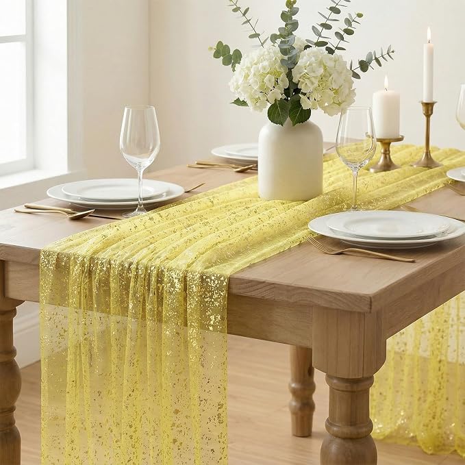 Artoid Mode Light Yellow Gold Gauze Table Runner 59x120 Inch 10FT, Glitter - Image 2