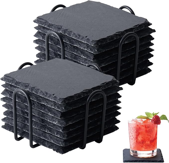 16 Pack Slate Coaster Set with Metal Holder, 4 Inch Black Square Stone Drink by Unknown