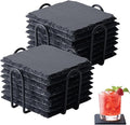 16 Pack Slate Coaster Set with Metal Holder, 4 Inch Black Square Stone Drink by Unknown