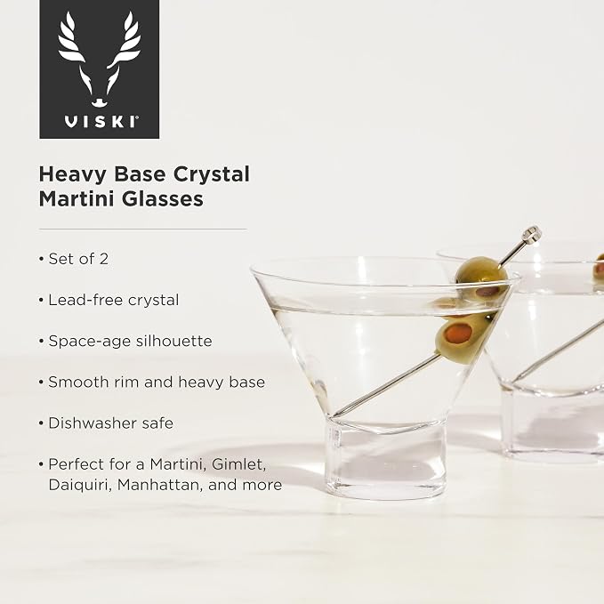 Viski Heavy Base Stemless Martini Glasses Set of 2, Crystal Cocktail Glasses - Image 2
