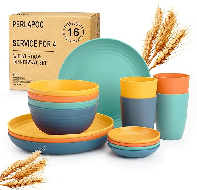 Wheat Straw Dinnerware Sets, Unbreakable Plates and Bowls Sets of 16, Kids by Perlapoc
