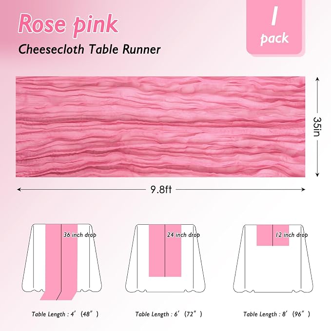 3 Pack Rose Pink Cheesecloth Table Runner 120 Inch Boho Wedding Decor | - Image 2
