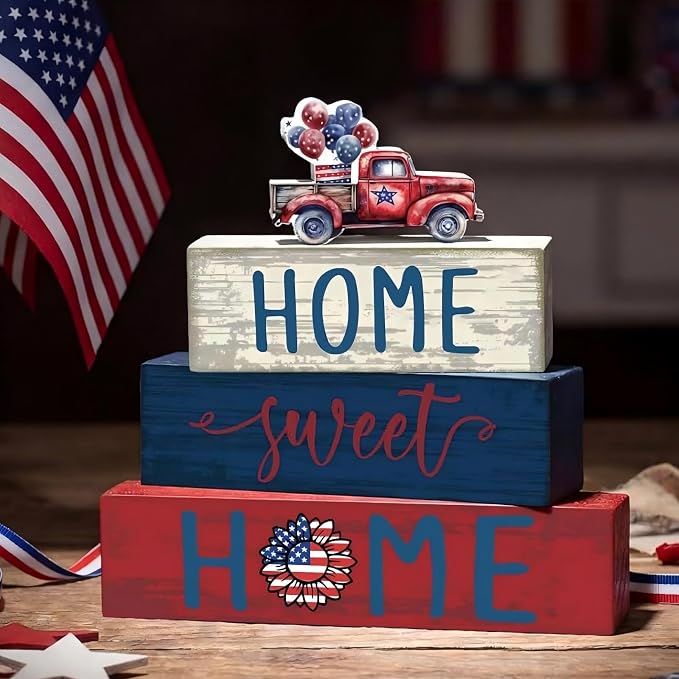 Cinnvoice 4 Pcs Patriotic 4th of July Wooden Block Decor 250th Anniversary Red - Image 3