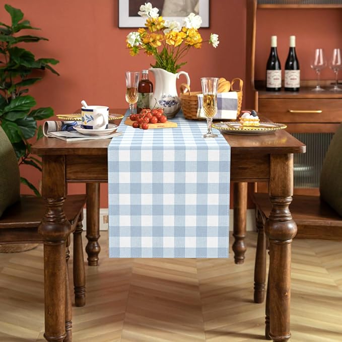 Dusty Blue Gingham Table Runner Light Blue Checkered Boy Girl Baby Shower - Image 2