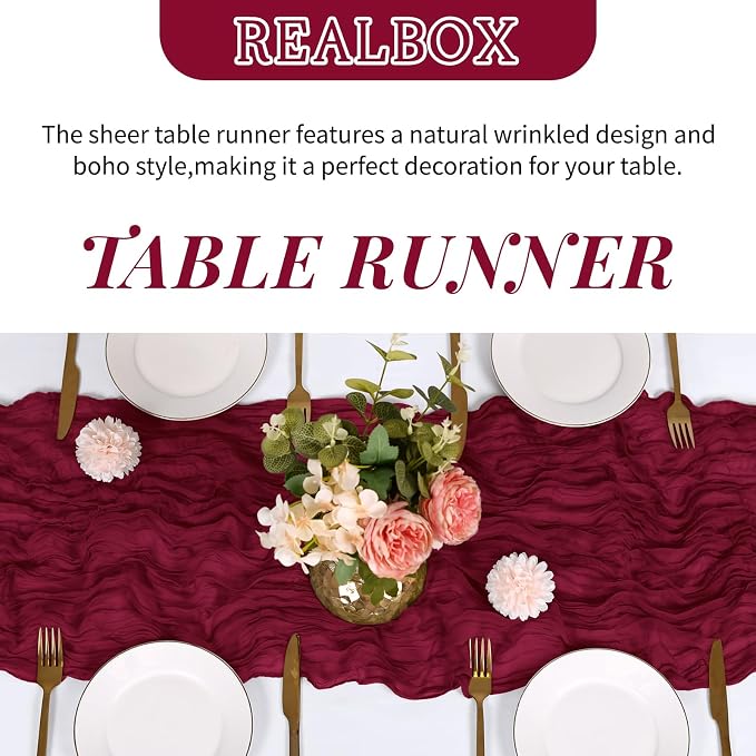 3 Pack Burgundy Cheesecloth Table Runner 17x108 Inch Semi Sheer Boho Gauze - Image 4