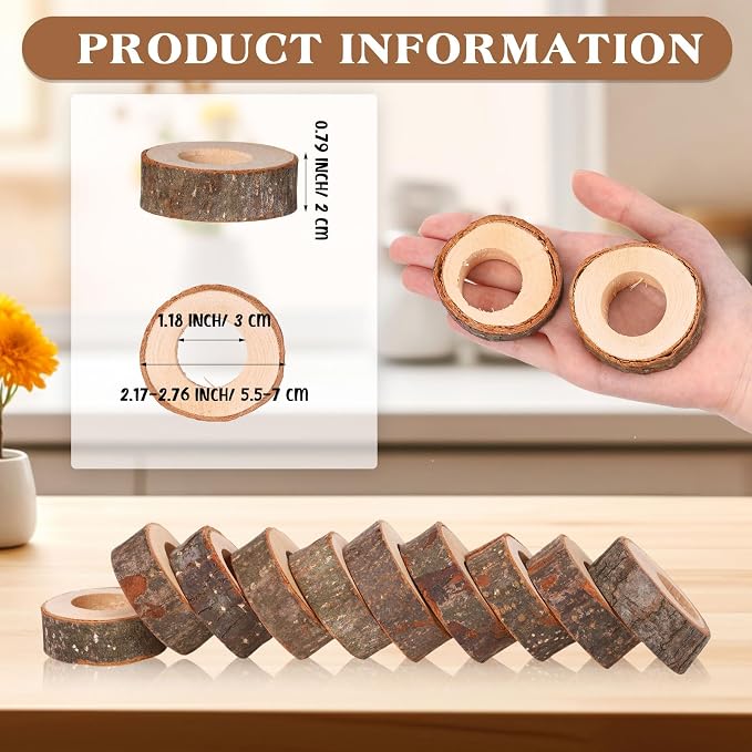 Tessco for you Set of 48 Handmade Wood Napkin Rings, Round Bark Napkin Ring - Image 2