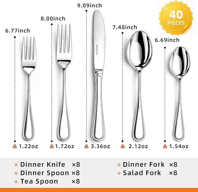 NICE KITCHEN Silverware Set for 8, 40 Piece Heavy Duty Cutlery Set | Mirror - Image 7