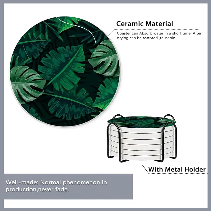 Drink Coasters Set of 6 with Holder, Tropical Palm Leaves Green Absorbent - Image 5