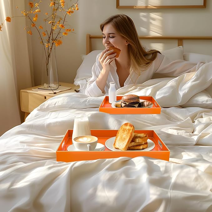 Orange Serving Tray with Handles, Plastic Decorative Tray Set of 2 | Decorative - Image 5