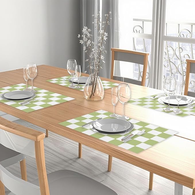 Green and White Check Plaid Placemats Set of 4, Washable Heat Resistant - Image 5