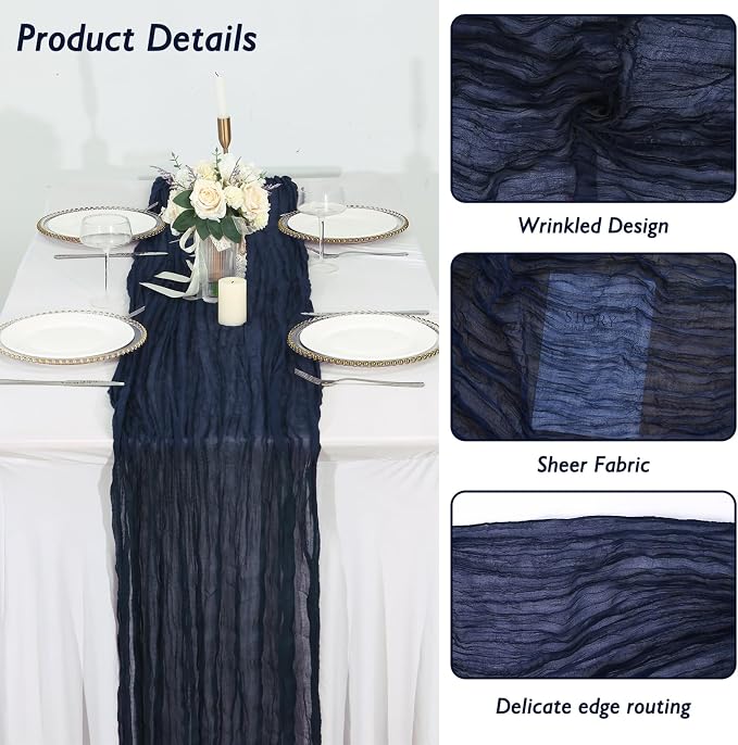 3 Pack Navy Blue Cheesecloth Table Runner 120 Inch Boho Wedding Decor | - Image 3
