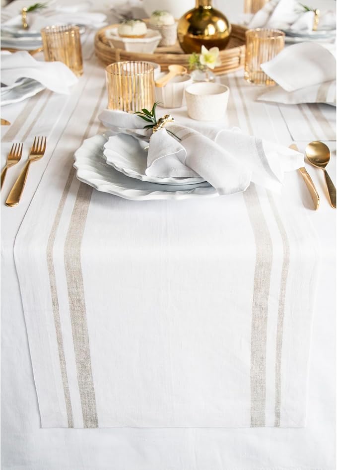 Solino Home 100% Linen Table Runner, 14 x 108 in, Natural and White Striped | by SolinoHome