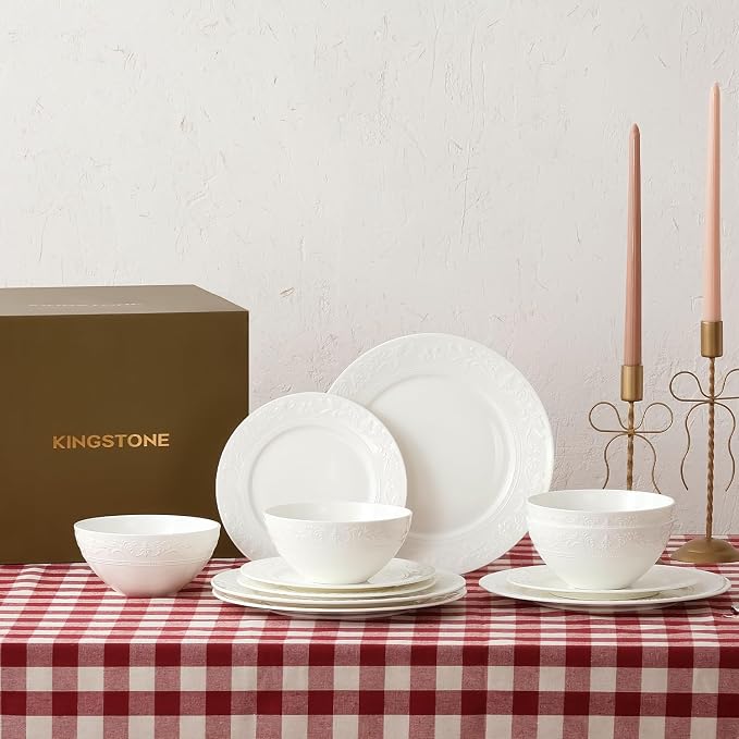 24Pcs Vintage Relief White Bone China Set, Service - Image 9