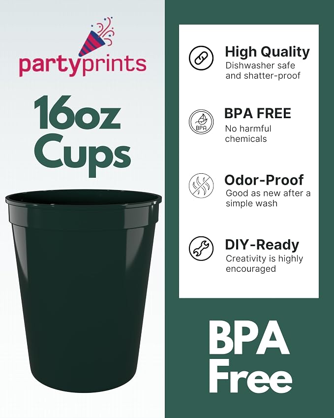 PartyPrints 10 Pack 16 oz Kelly Green Reusable Blank Plastic Cups, Stadium Cups - Image 2