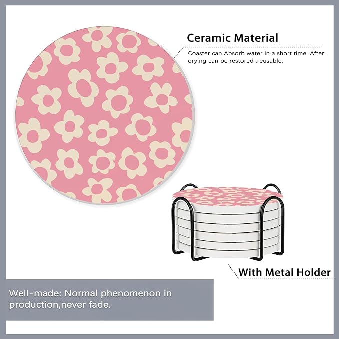Drink Coasters Set of 6 with Holder, Vintage Flowers, Floral Pink Blue Green - Image 5
