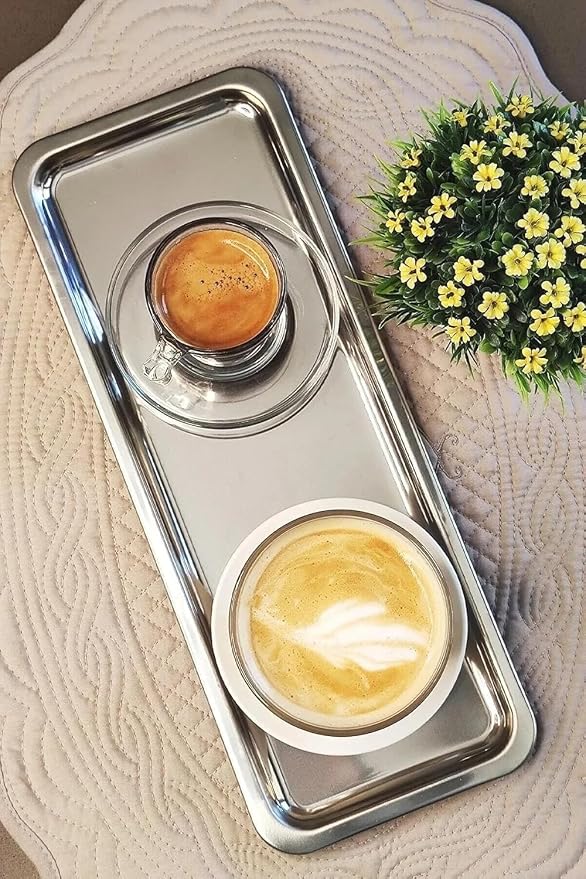 Elegant Stainless Steel Rectangular Serving Tray, Mirror Finish Coffee Tea by KTHOME