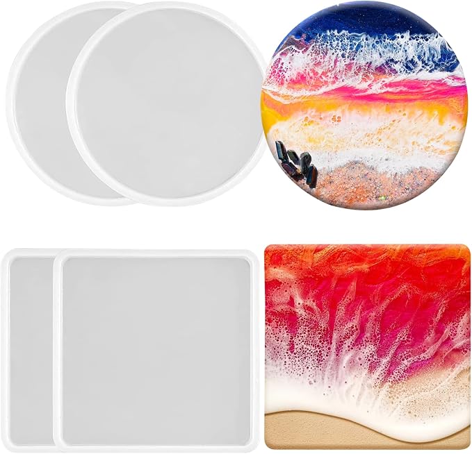 4 PCS Thickened Silicone Coaster Molds, Round & Square Epoxy Resin Molds | by JDHSilicone