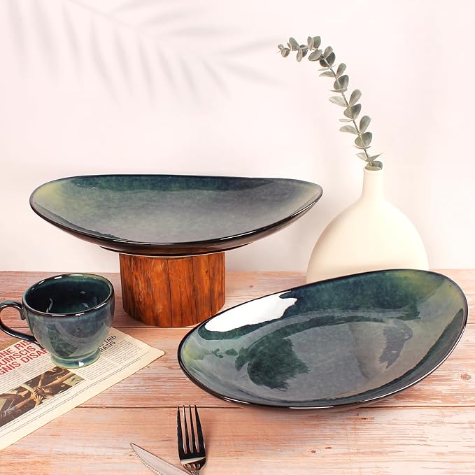 Ceramic Serving Platters Set of 2, 16 Inch Curved Oval Salad Plates - Image 4