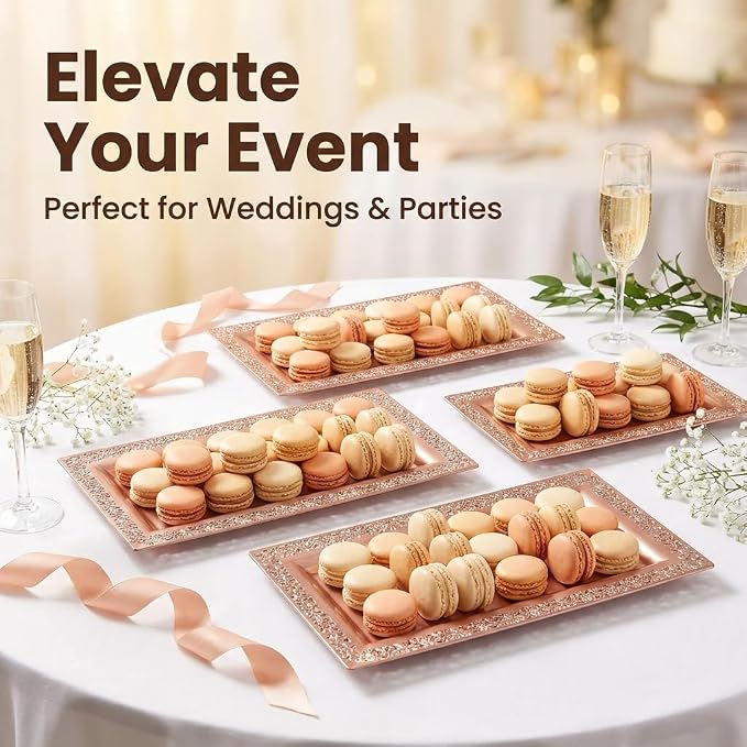 6 Yumchikel 14" x 7.5" Rose Gold Lace Rim Plastic Serving Trays & Platters | - Image 5