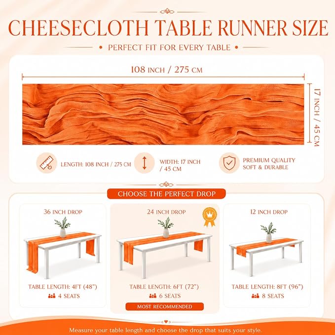 2 Pack Orange Cheesecloth Table Runner 17x108 Inch Boho Rustic Semi Sheer Gauze - Image 3