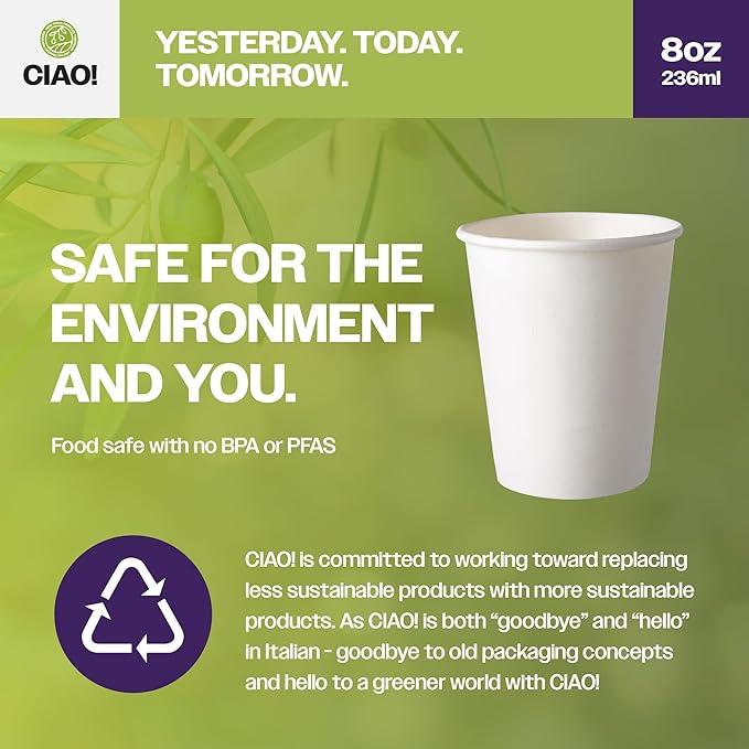 CIAO! 8oz White Paper Hot Cup, Disposable, 80mm Diameter 1 - Image 3