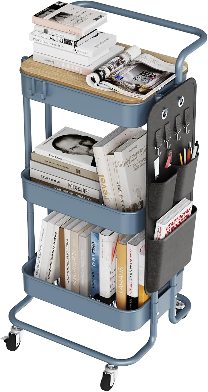 DTK 3-Tier Rolling Cart with Table Top, Metal Utility Cart with Side Bags | by DTK